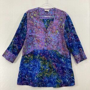 Go Fish Top Large Blue Purple Floral Abstract Artsy 3/4 Sleeve Popover Blouse